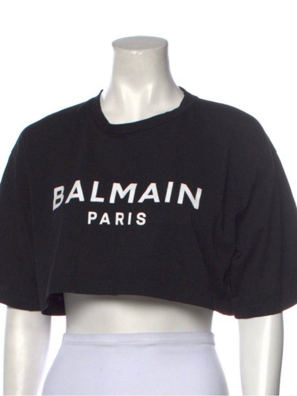 Balmain Black Cropped Logo Tee with White Lettering